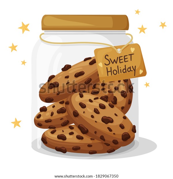 Christmas cookie jar with tasty chocolate\
cookies. Design for Holidays invitation card, poster, banner,\
postcard, print. Vector\
illustration.