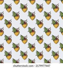 CHRISTMAS COOKIE New Year Decoration With Golden Heart Shaped And Red Berry Cookies On White Background Seamless Pattern Vector