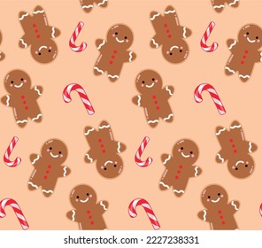 Christmas cookie pattern, festive and cute. Gingerbread and candy canes. Ideal for printing, invitations, decoration on object, social networks. Vector illustration.
