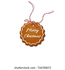 Christmas cookie with red striped string. Vector Merry Christmas text on cookie.