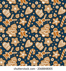 Christmas Cookie seamless pattern. Gingerbread Man, Tree, snowflake, star, hare, Candy Cane and mitten. Winter Holiday baked Sweets. Hand drawn cute vector background for wrapping, gift paper, textile