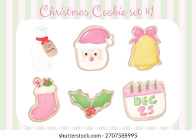 Christmas cookie set with a cute festive design on the striped pattern background, Santa cookie, milk for santa, bell cookie, sock, 25th Dec, Clipart vector water color Set
