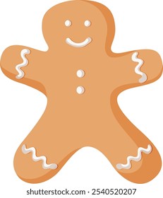 Christmas cookie in shape of gingerman. Food snack cake brown. Hand drawn vector illustration for Xmas