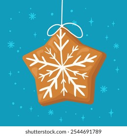 Christmas cookie in shape of star hanging on a string. Christmas decoration. Vector illustration.