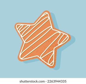 Christmas cookie star. Cupcake with white icing. Design element for invitation and greeting postcard. Poster or banner for website. Gingerbread dessert. Cartoon flat vector illustration