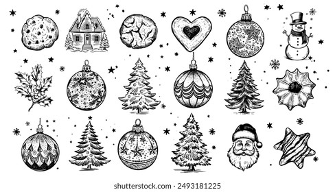 Christmas Cookie, tree and ball set, Hand drawn illustration	