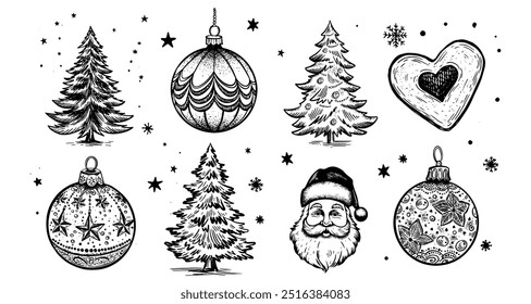 Christmas cookie, tree, ball, set, Hand drawn illustration	