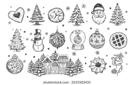 Christmas cookie, tree, ball, set on white, Hand drawn illustration	