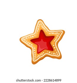 Christmas cookie vector illustration. Cartoon isolated cereal biscuit in shape of star, icing decoration and jelly jam or caramel filling, top view of sweet shortbread and cookie to eat on holidays