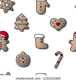 Christmas cookie. Vector seamless pattern with flat icons. Gingerbread man, sock, star, tree, candy cane, heart, mittens. Black outline, red and beige colors, whitew background