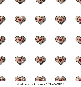 Christmas cookie. Vector seamless pattern flat icon. Gingerbread heart. Black outline, red and beige colors, white background