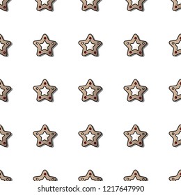 Christmas cookie. Vector seamless pattern flat icon. Gingerbread star. Black outline, red and beige colors, white background