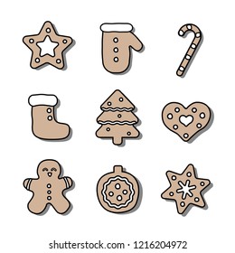 Christmas cookie. Vector set flat icon. Gingerbread man, sock, star, tree, candy cane, heart, mittens