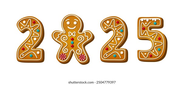 Christmas cookies 2025 and gingerbread man in cartoon style. Sweet biscuit in new year message isolated on white background. Cute Vector illustration