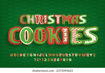 Christmas Cookies alphabet font. Colorful cartoon letters and numbers. Christmas holiday vector illustration for your typography design.