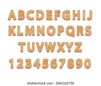 Christmas Cookies Alphabet and Numbers, Festive New Year Gingerbread Abc Font and Numerals with Glaze. Isolated Xmas Biscuit, Textured Letters on White Background. Cartoon Vector Illustration Set