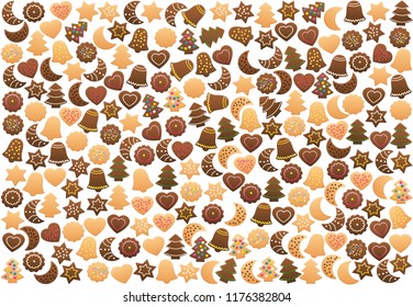 Christmas cookies background, loosely arranged. Plenty of shortbread biscuits, gingerbread and chocolate cookies, with different familiar shapes and colorful candy decorations. Isolated on white.