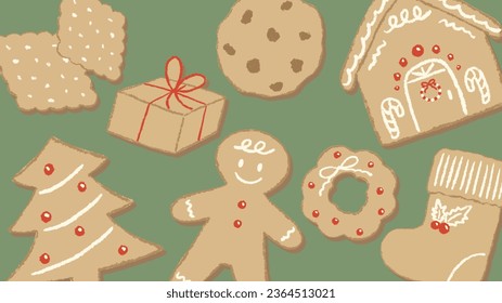 Christmas cookies background, textured colored pencil hand drawn illustration