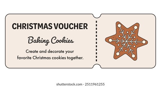 Christmas cookies backing session. Gingerbread cookies for Christmas. Voucher, coupon template with winter holiday family activity. Christmas advent activity for kids and family.