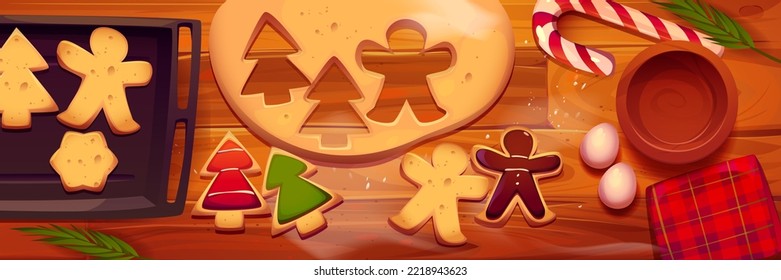 Christmas cookies baking ingredients and kitchen utensils on table top view. Homemade gingerbread bakery preparing with dough, forms, pan, eggs, bowl and xmas candy cane, Cartoon vector illustration