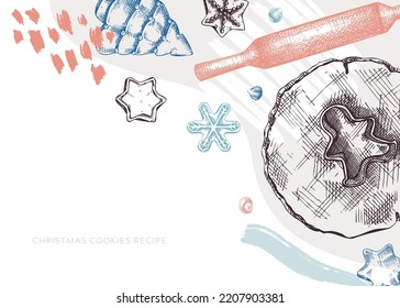 Christmas cookies banner in collage style. Sketched cooking process elements set: cookies, dough, rolling pin. Home-made cookies hand-drawings for Christmas decor, recipe, banner, greeting cards.