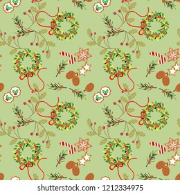 Christmas cookies and berry seamless pattern. Cute Christmas season.