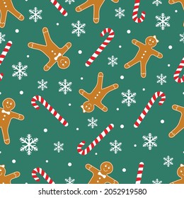 Christmas Cookies or Biscuits with candy canes snow flakes vector seamless pattern Christmas sweets and decorations texture Can be used as wallpaper card or banner template gift wrapping paper or else