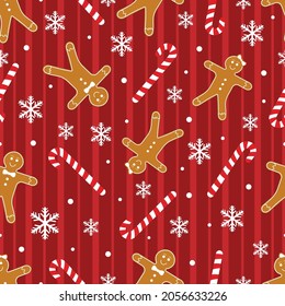 Christmas Cookies or Biscuits with candy canes snow flakes vector seamless pattern Christmas sweets and decorations texture Can be used as wallpaper card or banner template gift wrapping paper or else