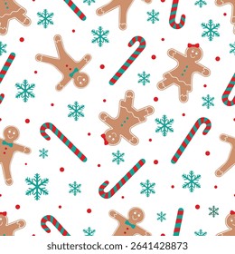 Christmas Cookies or Biscuits with candy canes snow flakes vector seamless pattern Christmas sweets and decorations texture Can be used as wallpaper card or banner template gift wrapping paper or else