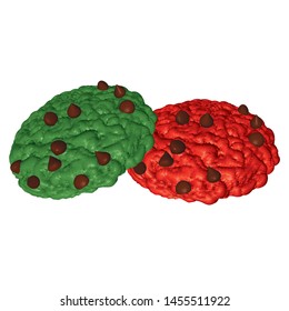 Christmas Cookies with Chips Isolated on White Background. Green and Red Homemade Cookies with Chocolate Pieces. Vector 3d Realistic Illustration.