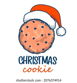 Christmas cookies, Chocolate chip cookie with Santa red hat decoration and holiday text. Vector color illustration isolated on white for design