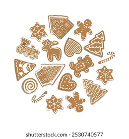 Christmas Cookies Circle. Holiday Banner. Round Frame. Gingerbread Houses, Santa Claus, Deer, Fir Trees, Gingerbread Man, Train, Stars, Heart. Vector Illustration on White Background