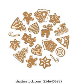 Christmas Cookies Circle. Holiday Banner. Round Frame. Gingerbread Houses, Santa Claus, Deer, Fir Trees, Gingerbread Man, Train, Stars, Heart. Vector Illustration on White Background.