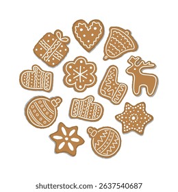Christmas Cookies Circle. Holiday Banner. Round Frame. Set. Christmas Balls, Bell, Deer, Glove, Sock, Gift Box, Stars, Heart, Flower. Vector Illustration on White Background