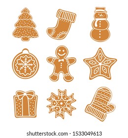 Christmas cookies collection with gingerbread cookies figures - Christmas tree, gingerbread men, star, snowman, gift, glove, boot . Set of Gingerbread cookies Christmas.