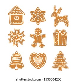 Christmas cookies collection with gingerbread cookies figures - Christmas tree, gingerbread men, star, deer, gift, glove, boot, bell, heart, house . Set of Gingerbread cookies Christmas.