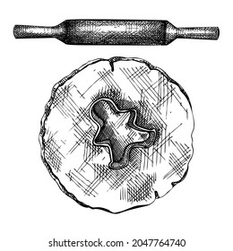 Christmas cookies collection.  Hand-sketched cooking process elements set: cookies, dough, rolling pin. Home made cookies hand-drawings for Christmas decor, menu, recipe, banner, 