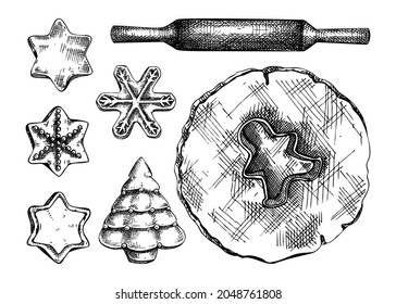 Christmas cookies collection.  Hand-sketched cooking process elements set: cookies, dough, rolling pin. Home-made cookies hand-drawings for Christmas decor, menu, recipe, banner, greeting cards.