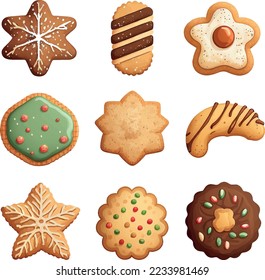 Christmas cookies decorated with sweet icing. Vector illustration