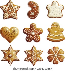 Christmas cookies decorated with sweet icing. Vector illustration