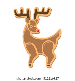 Christmas cookies deer. Isolated ginger cookie with decoration on white background. Sweet and delicious holiday gift. Deer with red nose.