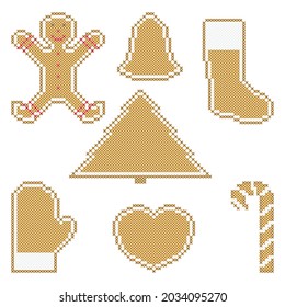 Christmas cookies embroidery, cross stitch ornament. Candy cane, Christmas tree, bell, sock, mitten, heart and gingerbread man, vector illustration on white background.