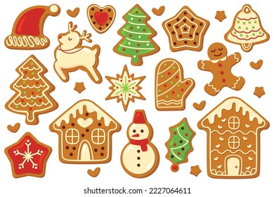 Christmas cookies flat icons set. Gingerbread different shapes. Small sweet house, stars, heart, snowman and santa claus hat. Tasty dessert. Traditional winter candies. Color isolated illustrations