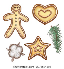 Christmas cookies in the form of a man, a heart and a star.
cotton and a branch of spruce.