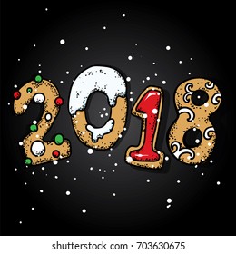 Christmas cookies in the form of numbers. New Year 2018. Vector illustration for a postcard or a poster.