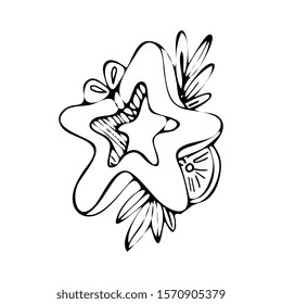 Christmas cookies in the form of a star. Oranges and spruce branches. Black and white sketch. Isolated vector object on a white background.