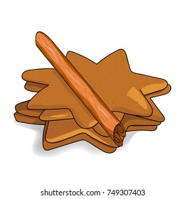 Christmas cookies in the form of a star and a stick of cinnamon. New Year's element of design. Hand drawing. Vector illustration.