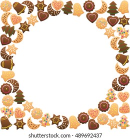 Christmas cookies frame circle. Isolated vector illustration on white background.