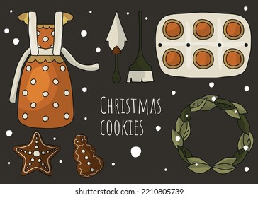 Christmas cookies. Gingerbread. Baking ingredients. Honey, cinnamon, seasonings, eggs, cookie cutters, butter, flour. New Year and Christmas. Kitchen apron and baking dish.