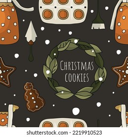 Christmas cookies. Gingerbread. Baking ingredients. Honey, cinnamon, seasonings, eggs, cookie cutters, butter, flour. New Year and Christmas. Kitchen apron and baking dish. Seamless pattern.